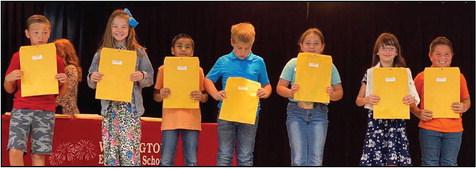 Kurby Mitchell’s third graders accept A-B Honor Roll and Most Improved awards as follows. From left: Jack Inman, Kenlea Martin, Yzael Moreno, Ashton Stephens, Dixie Thomas, A-B Honor Roll; Brooklyn Hale, Elias Jaimes, Most Improved.