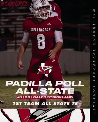 Wellington’s Caleb Strickland was recently named to the Padilla Poll Coaches 2024 All-State Team 2A DII as a First Team Tight End, announced Wednesday, Jan. 29.