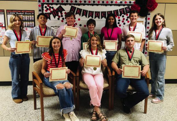 Wellington Junior High School seventh-grade Top 10 honor students garner special recognition. Front row, from left: Claire Kane, first; Ava Inman, second; Kane Waters, third. Back row, from left: Chlore Peters, fourth; Angel Segovia, fifth; Caleb Colson, sixth; Keylen Jeffrey, seventh; Priscila Marentes, eighth; Garrison Proffitt, ninth; Samarra Cantu; 10th.