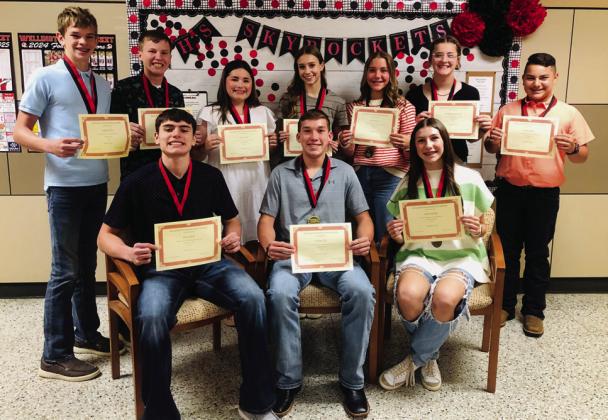 Wellington Junior High School eighth-grade students earn Top 10 awards. Front row, from left: Jax Cantu, Valedictorian; Cix Killian, Salutatorian; Anna Dwyer, third. Back row, from left: Damon Keys, fourth; Miles Ouellette, fifth; Ava Peters, sixth; Libby Chandler, seventh; Gannon Guy, eighth; Autumn Shatswell, ninth; Elvis Jaimes, 10th.