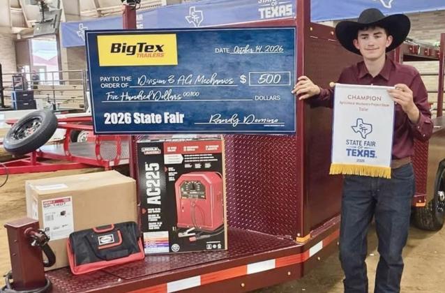 Childress High School’s Tripp Tippett exhibits his welding trailer project at the State Fair of Texas’ Agricultural Mechanics Show, taking the 2026 State Fair of Texas Agricultural Mechanics Project Show Trailer Championship. Tippett’s project also blue-ribboned, as well as received First in Class. CHILDRESS FFA
