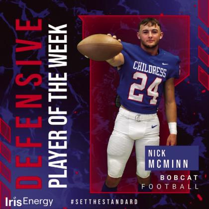Bobcat senior defensive back Nick McMinn is the Iris Energy Defensive Player of the Week. McMinn amassed five assists and two tackles against the Bushland Falcons last Friday, Sept. 9.