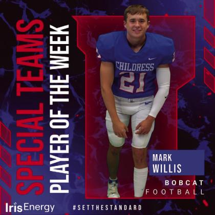 Bobcat senior defensive back Nick McMinn is the Iris Energy Defensive Player of the Week. McMinn amassed five assists and two tackles against the Bushland Falcons last Friday, Sept. 9.