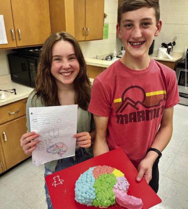 Photo Courtesy of Childress High School Childress High School educator Amy Detwiler’s Mental Health and Counseling class creates 3D models of the brain, including this edible one made of white cake by Chrissy Delgado, left, and Ryder Carroll.