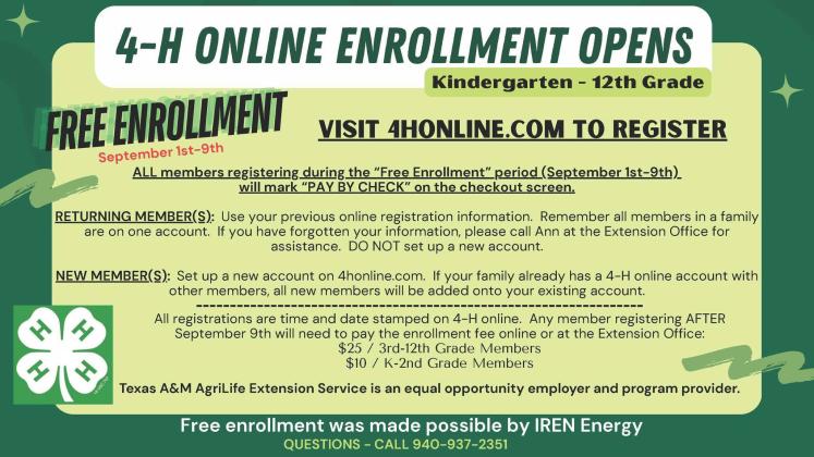 Childress County 4-H to offer free enrollment thanks to IREN