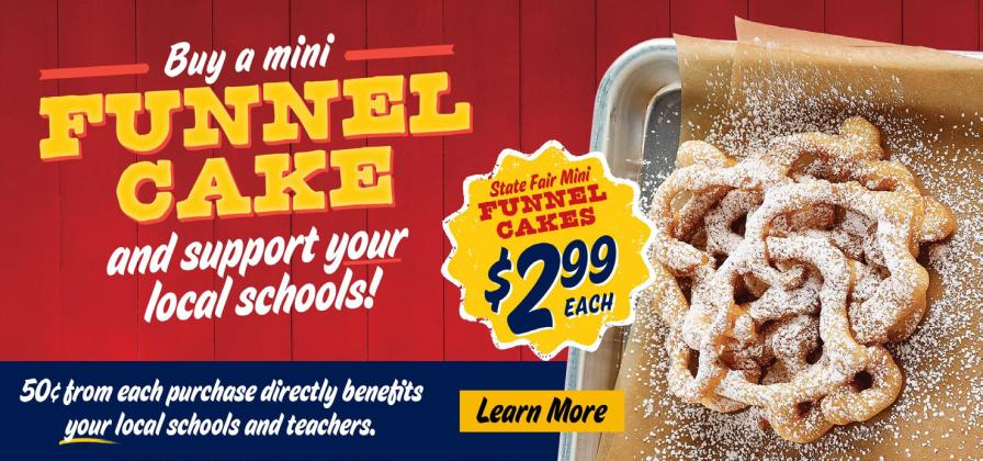 Through Sunday, Oct. 29, $0.50 from each State Fair Mini Funnel Cake purchase will support fundraising projects through DonorsChoose, including Childress Independent School District (ISD) schools. Graphic Courtesy of Golden Chick
