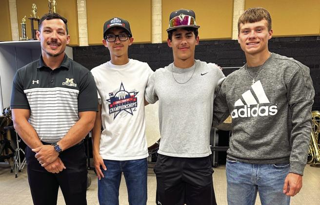 Cyclone track and field area qualifiers, including Leo Flores (4x100), Dresden Johnson (4x100, high jump), Ryder Robison (1,600 meters, 3,200 meters, 4x100) and Kaden Vela (4x100), are recognized at the recent Memphis Independent School District (ISD) School Board meeting. Johnson (high jump) and Robison (1,600 meters, 3,200 meters) are also regional qualifiers. From left: Coach Jared Casas, Robison, Flores, Vela. Not pictured is Johnson.