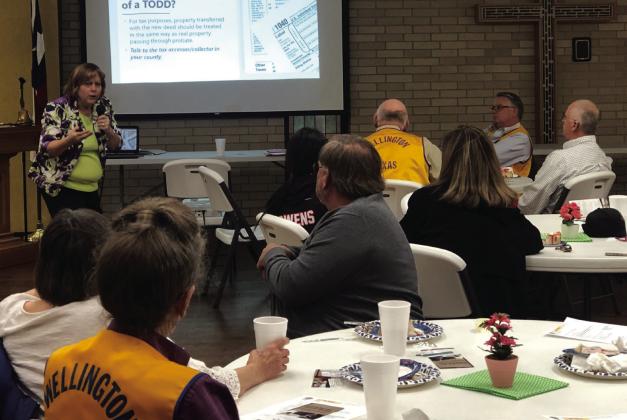 Laurie McAfee, Panhandle Area Agency on Aging Program Support staff, answers questions on the Transfer on Death Deed (TODD) at the Wellington Lions Club meeting Monday, March 20. The Red River Sun/Bev Odom
