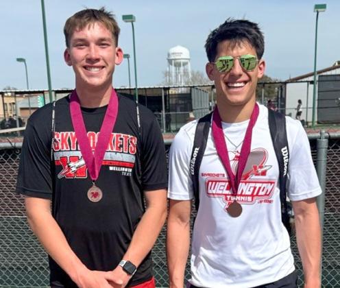 During spring break, Coach Amy Iman transported netters to Vernon, where Cix Killian, left, and Noah Cantu earn third place in the boys’ doubles.