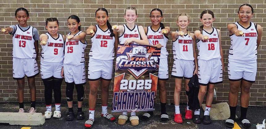 The 2032 Lady Rockets (11-0) bring home the gold from recent Amarillo tournaments, held Saturday, May 10 and Friday, May 23-Saturday, May 24, before heading to Lubbock to compete in June. From left: Jaedah Casas, Penelope Hernandez, Aryen Garcia, Aubrey Coffee, Kenlea Martin, Brilynn Coffee, Calleigh Henard, Berkeley Ward and Aaliyah Coffee. Not pictured is Mariah Medina.