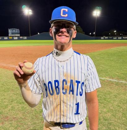 Creedan Bell hit a two-run homerun Tuesday night in the Bobcats’ victory over Altus. The Cats will face Tulia at home April 17 at 4:30 p.m. followed by a junior varsity game. PHOTO / CHILDRESS BOBCAT BOOSTERS