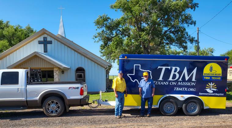 Bro. Lee Bevly, pastor of Samnorwood Baptist Church, and local volunteer Charles Roberts head for Perryton with the Texas Baptist Men’s disaster relief ministry to provide boxes for tornado victims to place belongings. Courtesy Photos
