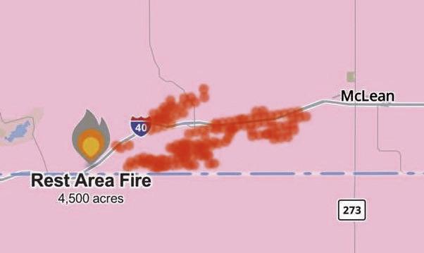 On Friday, March 14, both Samnorwood Volunteer Fire Department (VFD) and Wellington VFD responded to the McLean fire. Headed directly toward McLean with wind gusts as high as 75-85 mile per hour, volunteers contained the flames just outside of town, burning approximately 4,500 acres near I-40. Courtesy Image