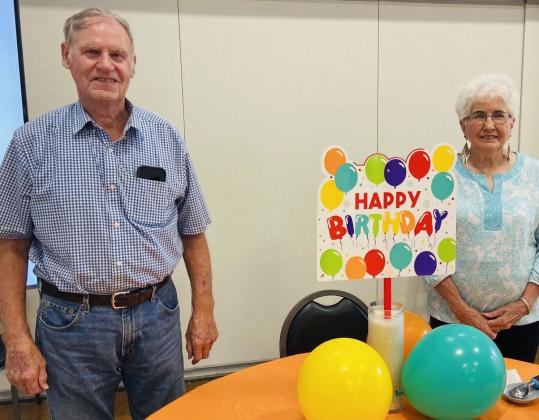 June birthday celebrants Adolf Schmidt and Glenna Fourmentin serve as guests of honor at the Wellington Senior Citizens Center (WSCC) luncheon on Wednesday, June 11. Birthday guests registered in the WSCC congregate meal program receive a free meal at the monthly birthday luncheon. Wellington Senior Citizens Center