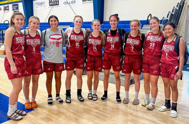 Varsity Lady Rockets Charley Wilbur, left, Harlee Gomez, Abby Garcia, Briley Waters, Kaitlin Bawcom, Lexi Benkley, Presley Kane, Audrey Jones and Leslie Orozco competed in the Lubbock Christian University Lady Chap basketball camp last week. Additional players attending from Wellington included Charlee Bodine, Addalyn English, Ingrid Granadoz, Ceighley Killian, Angela Lewis, Kaycee Martinez, Brynlee Phillips, Brynlee Proffitt, Ellie Thomas, Eryn Torrez and Treylea Wiebe. Courtesy Photo