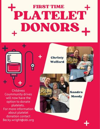 Childress Blood Drives recognizes first-time platelet donors