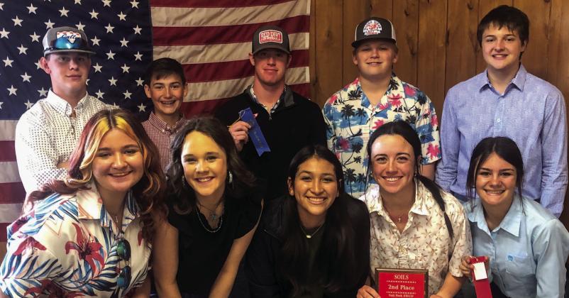 Students representing Wellington FFA and Collingsworth County 4-H gather following the Salt Fork agriculture contest awards ceremony at the SCS Building Friday, March 24. Front row, from left: Jacy Lampe, Kenady Skelton, Christell Melendez, Summer Owens, Heather Peters. Back row, from left: Hunter Hedrick, Lawson Inman, Barrett Phillips, Weston Wright, Dixon Dugan. Not pictured: Lisette Vela. The Red River Sun/Bev Odom
