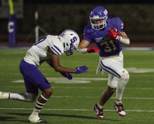 Childress’ Crewz Keys dodges a Stratford Elk Friday, Oct. 4 at Fair Park Stadium. Photo by Childress High School Yearbook Staff