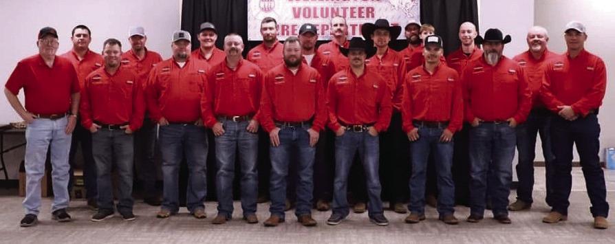 The Wellington Volunteer Fire Department gathers for its annual banquet Friday, Dec. 13. Front row, from left: Dispatcher Dave Grimminger, Henry Wiebe, Chance Byers, Matt Orr, Benny Wiebe, Ethan Cummings, Tino Salinas, Jonathan Hamby, Matt Wynn. Back row, from left: Westin Williams, Dennis Peters, Hunter Stark, Colby Henard, Korn Wiebe, Sawyer Sims, Kollin Kemp, Carson Faulks, 2024 Mascot Levi Faulks, Charlie Hartman, Frank Wiebe. Not pictured: Mason Smith, Keedon Smith.