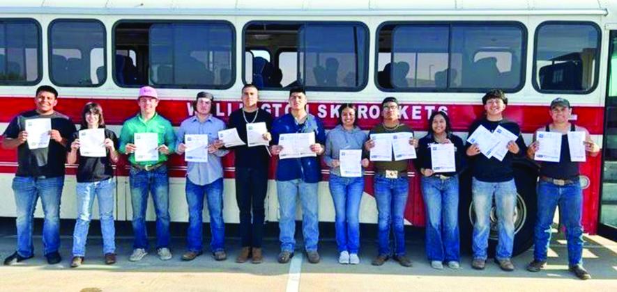Wellington High School FFA students, including Israel Acosta, left, Addy Mock, Dakota Marshall, Caleb Strickland, Juan Vazquez, Gael Rodriguez, Emily Robles, Gumaro Rincon, Jossaline Cervantes, Rey Ramirez and Eric Garcia, earn SMAW (arc or stick welder) and GMAW (MIG or wire welder) certifications at the recent Wichita Falls Certification and Weld Off. Courtesy Photos