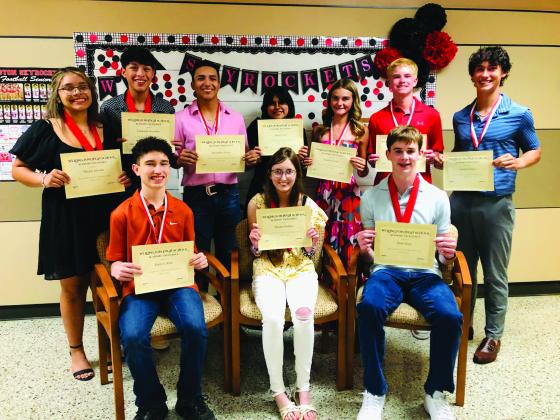 Freshman students accept Top 10 accolades at the Wellington High School (WHS) Awards Assembly at 5:30 p.m. Monday, May 12 at the WHS auditorium in conjunction with the Lady Rocket and Skyrocket Sports Banquet. Front row, from left: Jaxon Collins, first; Natalee Hudson, second; Kyler Keys, third (tie). Back row, from left: Natalee Alvarado, third (tie); Leo Granadoz, fifth; Alex Orozco, sixth; Anali Cortez, seventh; Kambrie Fisher, eighth; Jax Heflin, ninth; Lawson Inman, 10th. The Red River Sun/Bev Odom