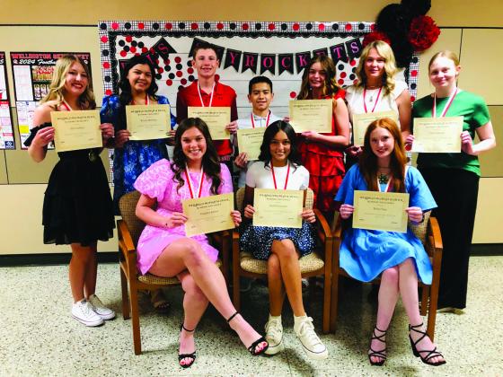 Sophomore students garner Top 10 accolades. Front row, from left: Ceighley Killian, first; Ingrid Granadoz, second; Bailey Page, third. Back row, from left: Elli Ouellette, fourth; Kaycee Martinez, fifth; Carter Ouellette, sixth; Dahmian Salinas, seventh; Addalyn English, eighth; Ellie Thomas, ninth; Chloe Klassen, 10th.