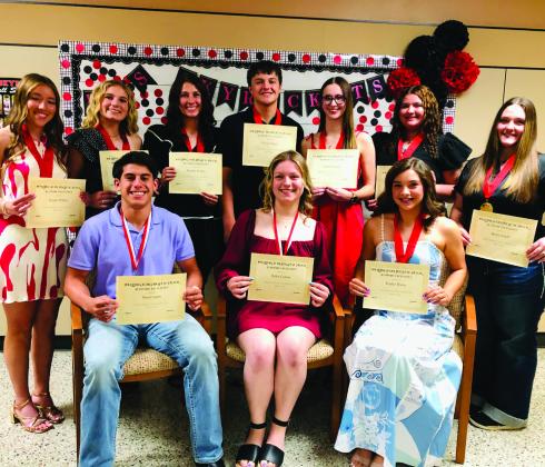 Junior students receive Top 10 honors. Front row, from left: Noah Cantu, first; Rylyn Colson, second; Treylea Wiebe, third. Back row, from left: Brynlee Phillips, fourth; Oakley Folk, fifth; Brynlee Proffitt, sixth; Dixon Dugan, seventh; Charlee Bodine, eighth; Jacy Lampe, ninth; Bailey Stegall, 10th.