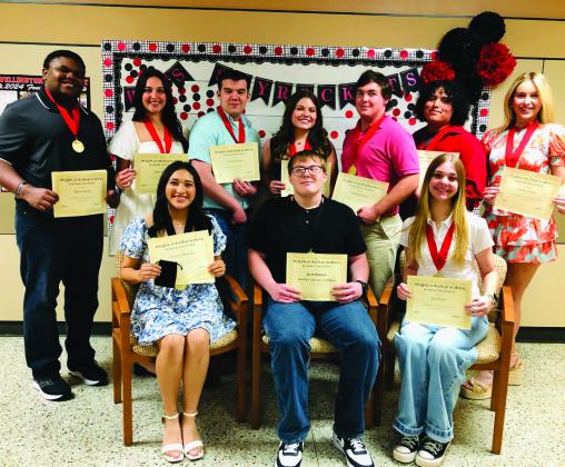 Wellington High School Class of 2025 graduates earn Top 10 Student accolades. Front row, from left: Valedictorian Christell Melendez; Salutatorian Jacob Klassen; Jaci Porter, third. Back row, from left: Jontae Roland, fourth; Emma Flores, fifth; Trinidad Cantu, sixth; Currie Forrester, seventh; Caleb Stickland, eighth; Gilberto “Benji” Garcia, ninth; Harlee Gomez, 10th.