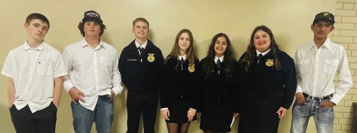 Audrey Bowen, Hazel Estrada, Jax Heflin and Jaden Jeffrey comprised the first-place Greenhand Quiz team. The eighth-place Greenhand Quiz team included Salomon Cruz, Anna Henard and Aison Skelton. Heflin placed second in Junior Creed Speaking, while Henard took third place. From left: Jeffrey, Skelton, Heflin, Henard, Estrada, Bowen, Cruz.