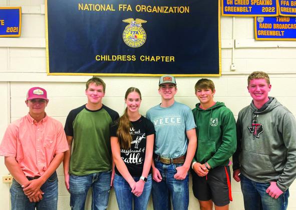 The recently elected 2023-2024 Childress FFA officer team includes, from left, Secretary Riggin Brents, Sentinel Tuck Detwiler, President Shadin Zuber, Vice President Jett Teague, Treasurer Drake Rabe and Reporter Cutter Bruce. Photo Courtesy of Childress FFA