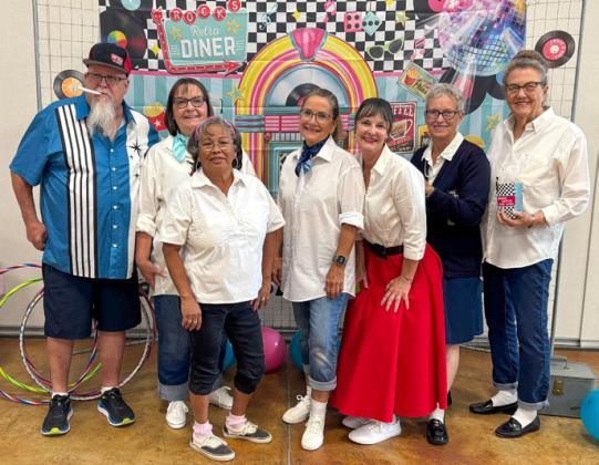 The Activities Committee of the Wellington Senor Citizens Center hosts recent the “Fabulous 50s Sock Hop.” Guests dined on burgers, fries and homemade pies and enjoyed the live entertainment. From left: David and Kim Lambert, Eva Hamby, Karen Caldwell, Dawn Dockter, Pat Barnett, Sharon Starkey.