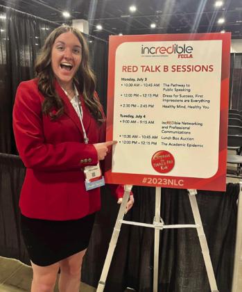 Corbin Daniel prepares to share her research on the teacher retention crisis, an issue which is progressively plaguing not only Texas, but the nation, as teachers’ stress levels, safety concern issues and burnouts heighten, during a RED Talks session at the 2023 Family, Career and Community Leaders of America (FCCLA) National Leadership Conference.
