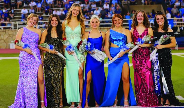 Queen nominees and princesses surround 2022 Childress High School Homecoming Queen Kate Taylor. From left, Freshman Princess Berkley Allen, Junior Princess Chloe Churchill, senior Queen Nominee Adah Henderson, Taylor, senior Queen Nominees Chloe Teichelman and Chloe Carroll and Sophomore Princess Brinley Stone. Not pictured are escorts Luke Rodriguez, Scout Smith, Zachary Etheredge, Seth Taylor, Lamont Nickleberry, Nick McMinn and Cash Hightower.