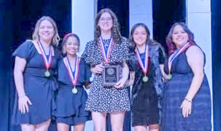 Wellington High School’s “Little Women” crew accepts the Best Overall Crew Award following the Wednesday, March 11 District 2-2A One Act Play Competition. From left: Rylyn Colson, Kobee Lewis, Autumn Shatswell, Ingrid Granadoz, Anna Granadoz. Wellington High School
