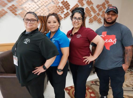 Housekeeping Supervisor Silvia Saucedo, left, Sara Gonzalez, Yasmin Rios and Anthony Evans are among nine staff members who maintain housekeeping at Childress Regional Medical Center and Fox Rural Health Clinic. Other staffers are Rafael Chacon, Maria Ramirez, Irene Martinez, Sharon Pyles and Adelita Lara. Grace Holman