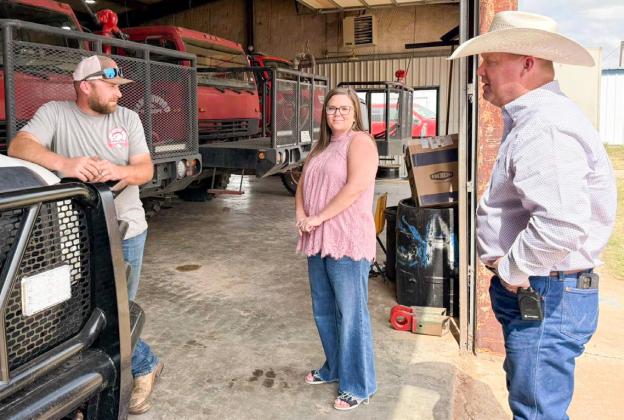 Samnorwood Volunteer Fire Department First Assistant Chief Matt Tarver and Chief Larry Wright explain the plans for their new fire station to The 100 Club of the Texas Panhandle Program Support Specialist Julie Meier. From left: Tarver, Meier, Wright.