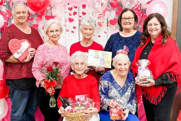 Members of Wellington Senior Citizens Center display door prizes won at the 6 p.m. Friday, Feb. 13 Valentine’s Day social at the Bura Handley Community Center. The Plaza Restaurant, of Childress, catered the festive event, providing beef and chicken fajitas, sides, dessert and drinks. Front row, from left: Sallie O’Hair, LaJaunda Ressell. Back row, from left: Debra Belew, Carolyn Keller, Pat Roberson, Marie White, Margret Wood. Wellington Senior Citizens Center