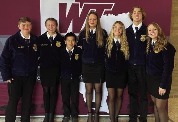 The Wellington Opening and Closing Ceremonies team, consisting of seven freshmen, competed at the Area 1 FFA Leadership Development Events (LDEs) competition Saturday, Nov. 18 at West Texas A&amp;amp;M University, located in Canyon. Coached by Wellington FFA Adviser Drew Taylor, the young team took sixth place. From left: Jace Darrow, Elli Ouellette, Dahmian Salinas, Ellie Thomas, Maggie Tillman, Jake Chandler, Allie Duncan. Courtesy Photo