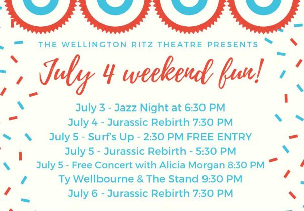 The historic Wellington Ritz Theatre prepares a weekend of fun events, kicking off with Jazz Night on Thursday, July 3 and ending with the showing of “Jurassic World Rebirth” on Sunday, July 6. Wellington Ritz Theatre