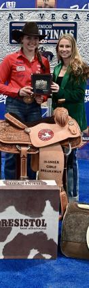 Tell’s Colee Cox, 16, takes home the 19-and-under girls breakaway roping championship at the Junior World Finals, held in December. Courtesy Photo