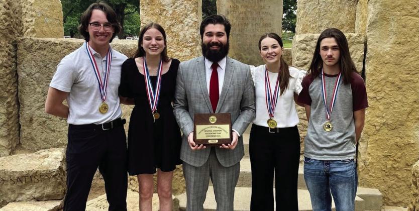 The Childress High School Accounting team, including Darren Pratt, Kara Palomo, Meg Ridens and Emmett Holton, advance to the upcoming 2023 UIL Academic State Meet after earning the Regional Championship at the regional meet. The team is coached by Jeffrey Collins, center.