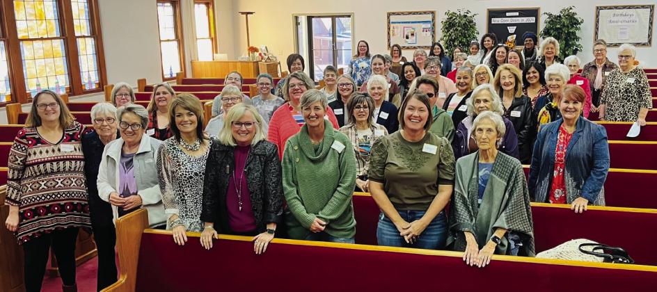 Nationally known speaker, artist and author Debbie Hannah Skinner, of Amarillo, center, shares her freedom of heart message at Wellington Nazarene’s recent Ladies Spark Day. Skinner emphasized the freedom of heart found in the Lord in Psalm 139, as she modeled her wisdom in watercolor, painting the beautiful heart piece. Photos Courtesy of Wellington Nazarene Church