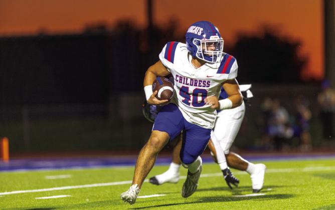 Childress’ Colton Teichelman (40) puts up yards for the Bobcats Friday, Sept. 27 on Veterans Field in Wichita Falls. The Local Texas/Nicole Dill