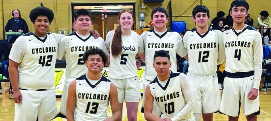 Memphis High School celebrates seniors Ava Arant, Leo Flores, Marcos Flores, Adrian Garcia, Noah Lopez, Brandon Pierson, Austin Valle and Nick Vitela during the Senior Night basketball game against Wheeler Friday, Feb. 3. Top row, from left: Pierson, Valle, Arant, Lopez, L. Flores, Garcia. Front row, from left: Vitela, M. Flores. Photos Courtesy of Memphis ISD