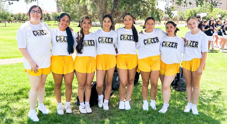 Memphis High School cheerleaders attend a National Cheerleading Association (NCA) cheer camp Sunday, June 7-Wednesday, June 10 at Texas Tech University in Lubbock, bringing home multiple ribbons, sticks and trophies. MEMPHIS ISD