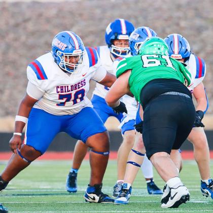 Childress’ Ayan Bhakta blocks Iowa Park Hawks during the Bobcats’ fall Friday, Sept. 4 at Hawk Stadium. CHILDRESS HIGH SCHOOL YEARBOOK