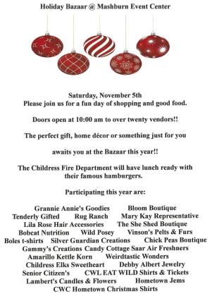 Childress Chamber of Commerce’s annual Holiday Bazaar, featuring over 20 vendors, will take place Saturday, Nov. 5 at the Mashburn Event Center and Arena. Courtesy Graphic