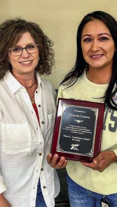 Texas Department of Transportation (TxDOT) Childress District Construction Auditor Tammie Lizama is awarded the 2024 Vance L. “Huck” Castleberry Employee of the Year during the annual TxDOT Childress District Safety Banquet and Wellness Fair Friday, Oct. 18. TxDOT Childress District Business Operations Manager Anita Thompson presented the award to Lizama. TxDOT Briscoe County Maintenance Crew Chief Wendell Reed received the 2024 Terry L. Keener Employee of the Year. TxDOT/Ginger Wilson