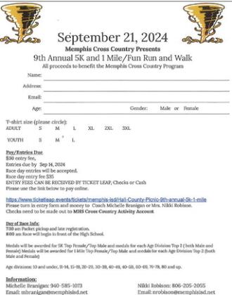 9th Annual 5K and One-Mile Fun Run andWalk to benefit Memphis Cross Country program