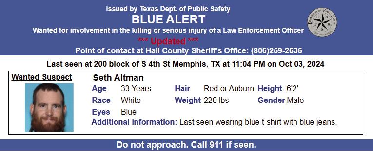 Seth Altman is wanted for the involvement in the killing or serious injury of a law enforcement officer. Graphic Courtesy of Texas Department of Public Safety